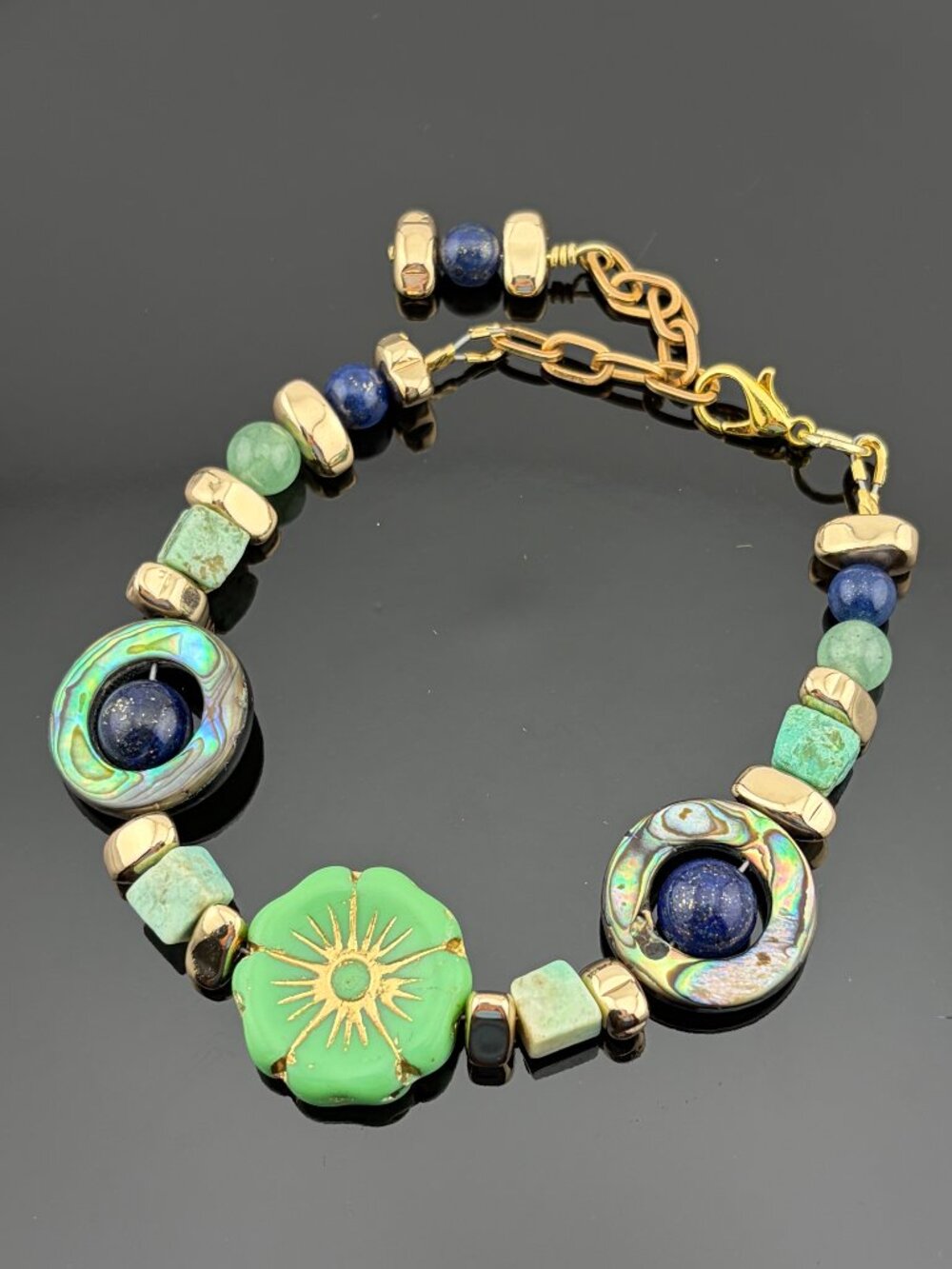 Czech Glass Flower Abalone Lapis Green & Blue Stone Handmade Bracelet LR259
